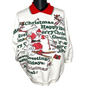 Vintage Variety Christmas Santa Ski Sweatshirt Ugly Crewneck White Red Size XL